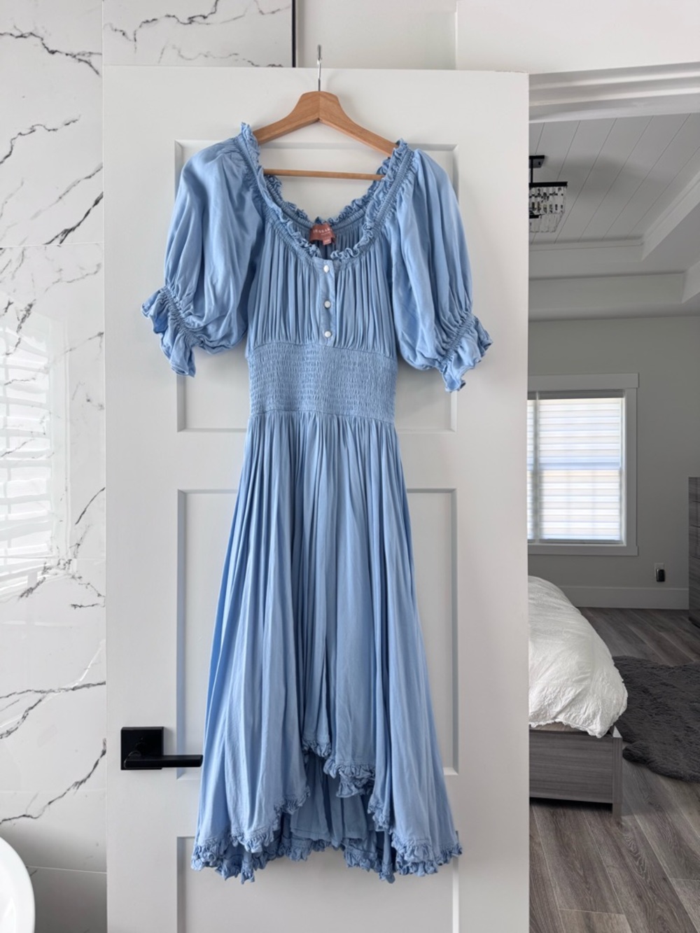 JessaKae Powder Blue Smocked Midi Dress with Puff Sleeves